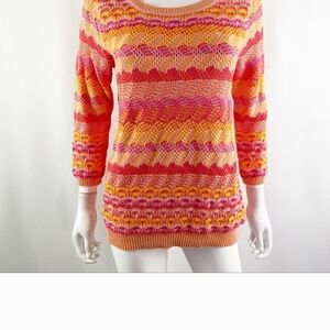 Anthropologie Pink and Orange Crew Neck Sweater with Zigzag Pattern